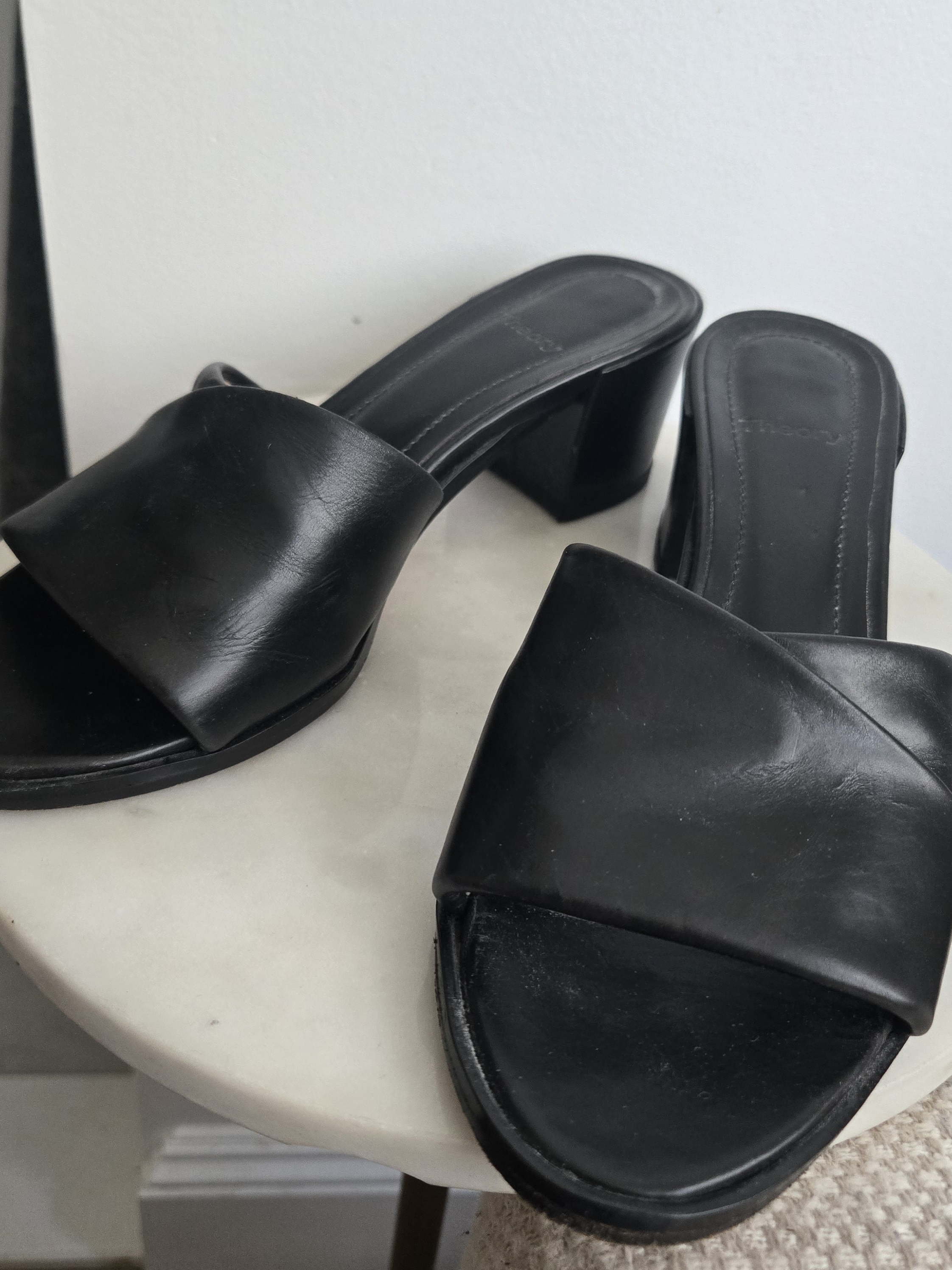 Theory Black Leather Slide Mules With Block Heel